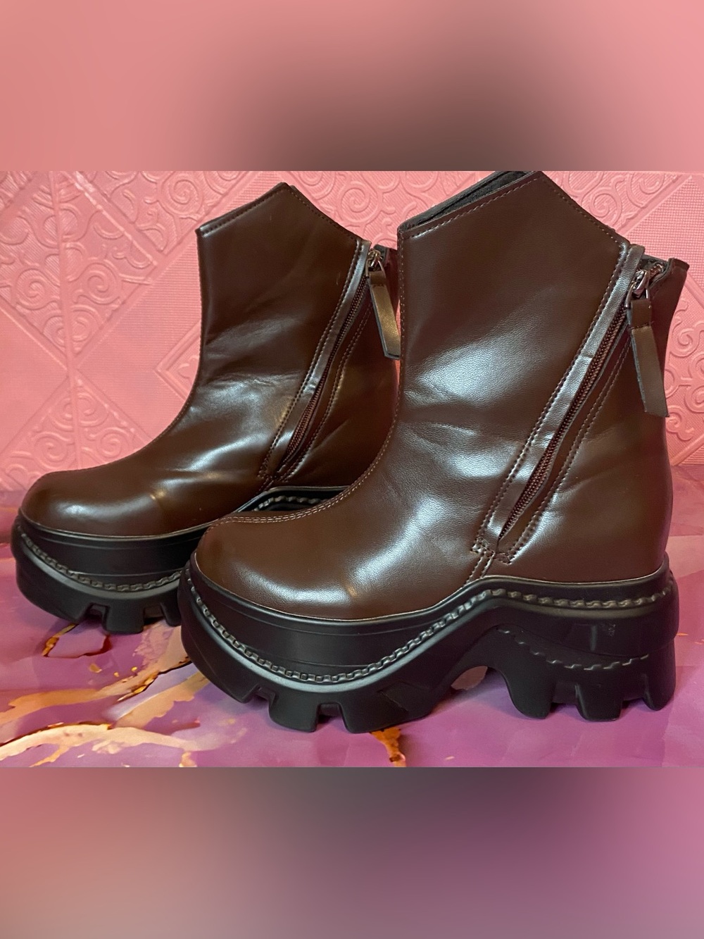 🎀 Chunky Platform Ankle Boots in Dark Brown 🎀 Double Side Zippers